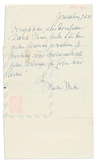 BUBER, MARTIN. Two Autograph Letters Signed, in full or Buber, to aphorist Hans Margolius, in German,